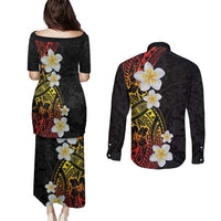Plumeria Couples Matching Puletasi and Long Sleeve Button Shirt Polynesian Tribal Frangipani Sunset