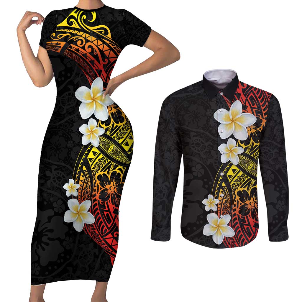 Plumeria Couples Matching Short Sleeve Bodycon Dress and Long Sleeve Button Shirt Polynesian Tribal Frangipani Sunset