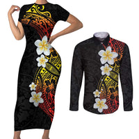 Plumeria Couples Matching Short Sleeve Bodycon Dress and Long Sleeve Button Shirt Polynesian Tribal Frangipani Sunset