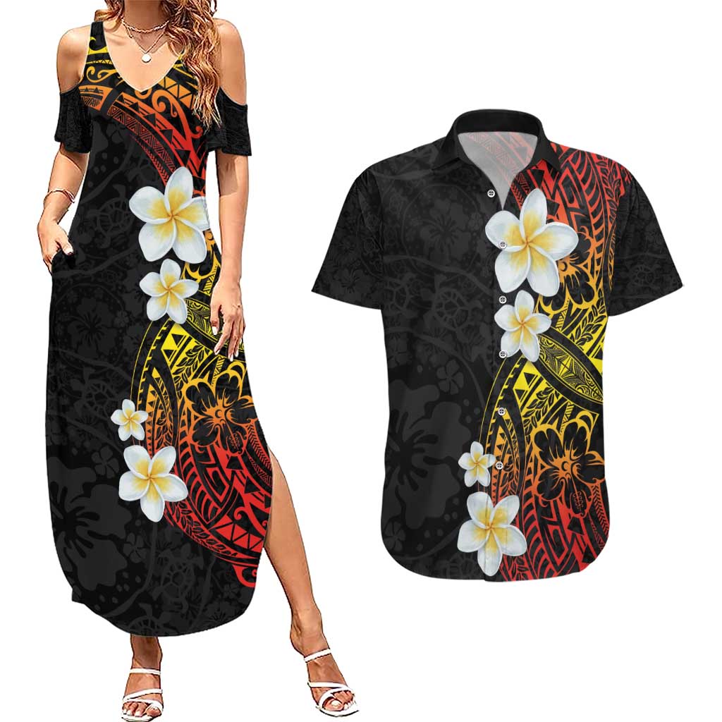 Plumeria Couples Matching Summer Maxi Dress and Hawaiian Shirt Polynesian Tribal Frangipani Sunset