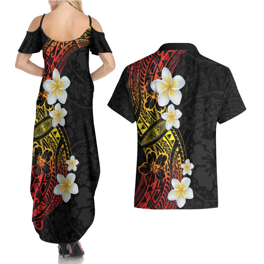 Plumeria Couples Matching Summer Maxi Dress and Hawaiian Shirt Polynesian Tribal Frangipani Sunset