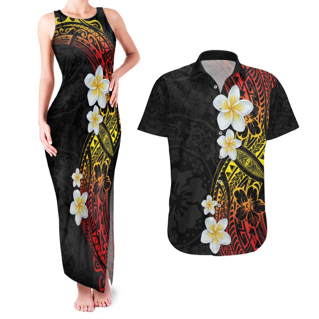 Plumeria Couples Matching Tank Maxi Dress and Hawaiian Shirt Polynesian Tribal Frangipani Sunset