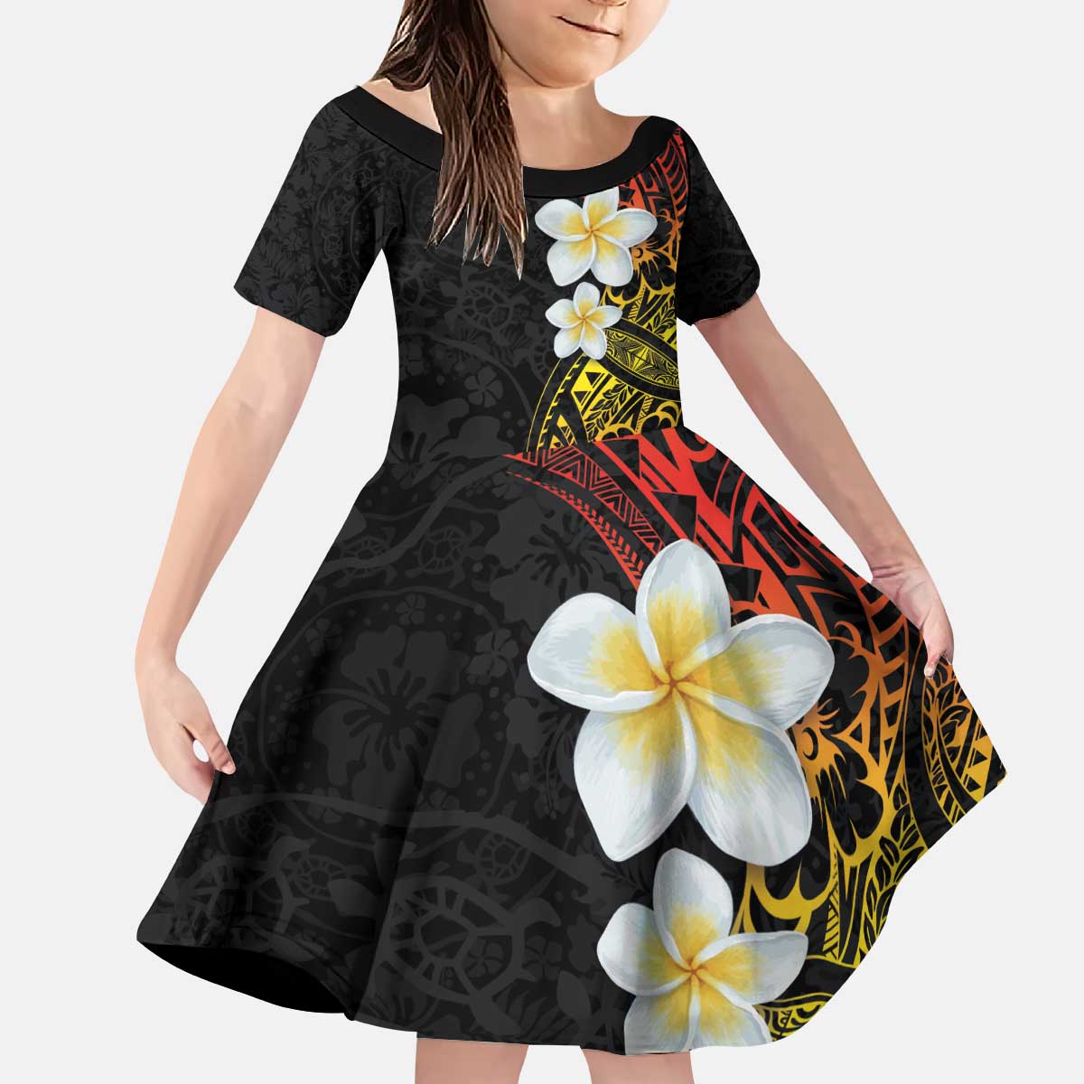 Plumeria Kid Short Sleeve Dress Polynesian Tribal Frangipani Sunset