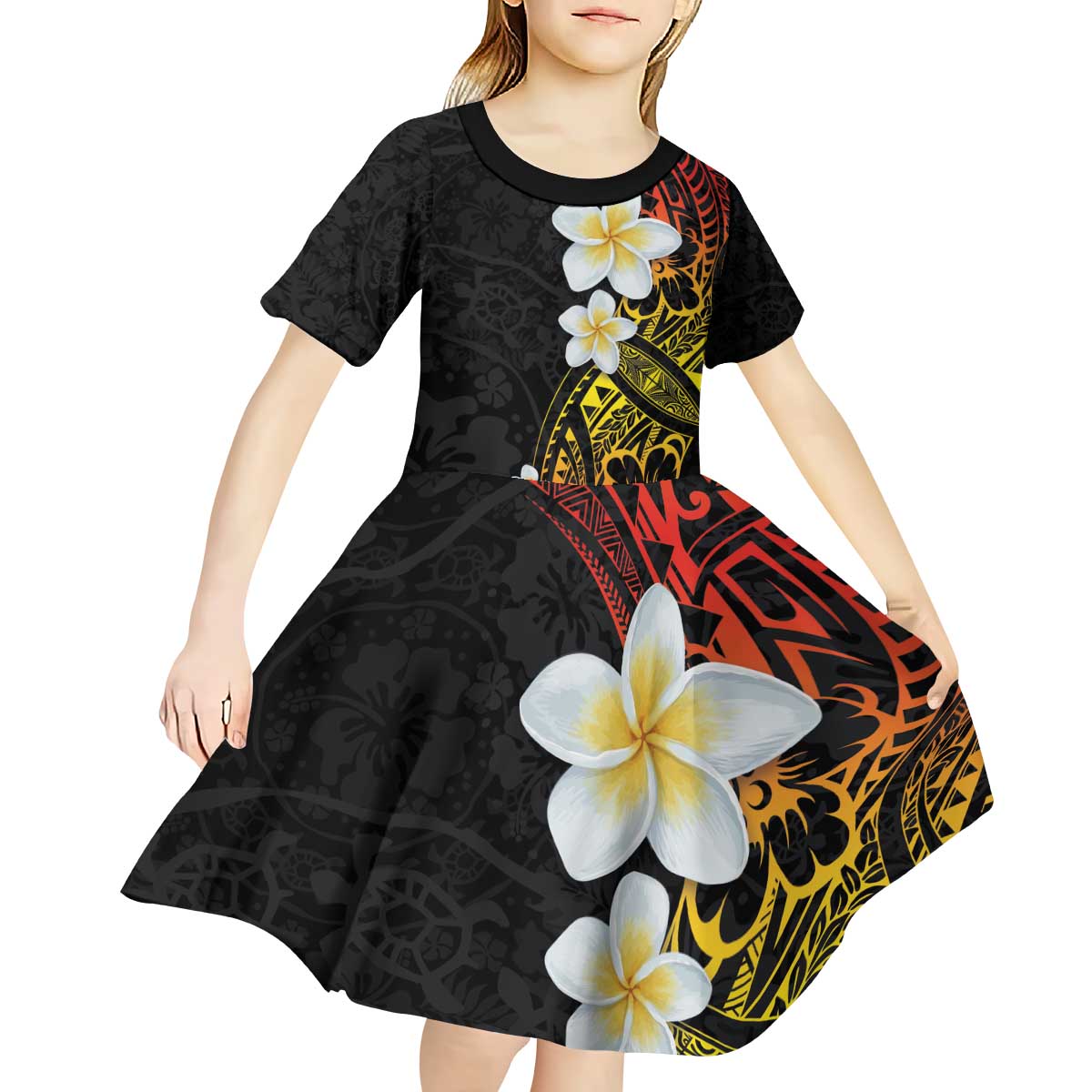 Plumeria Kid Short Sleeve Dress Polynesian Tribal Frangipani Sunset LT03 - Polynesian Pride