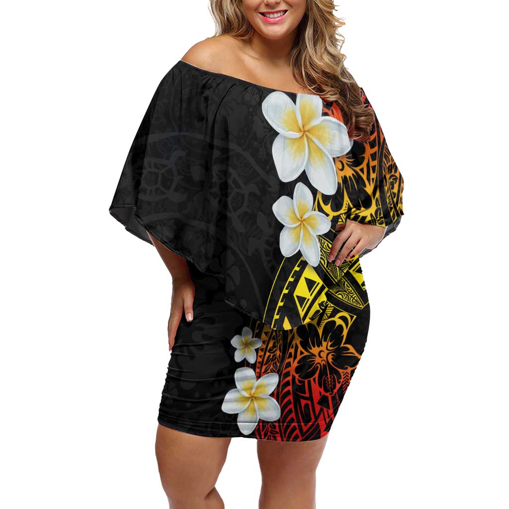 Plumeria Off Shoulder Short Dress Polynesian Tribal Frangipani Sunset