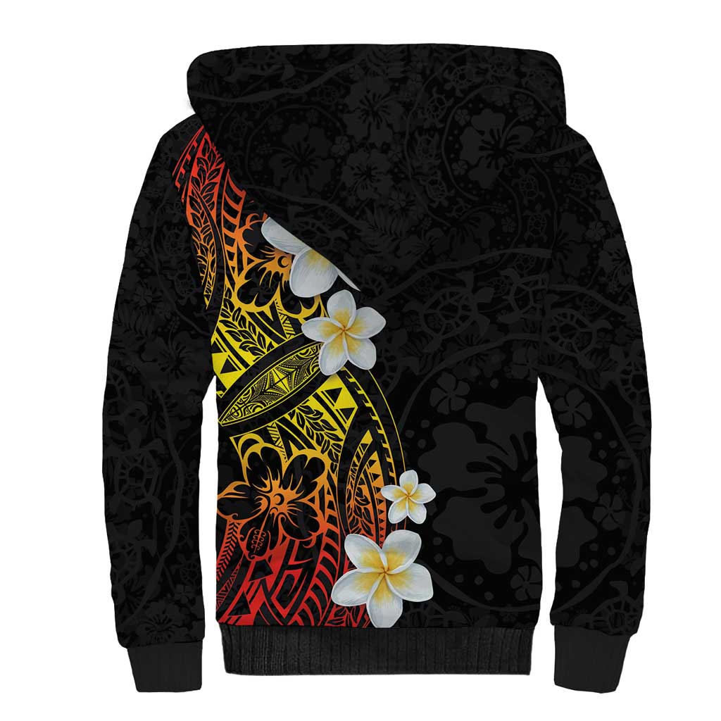 Plumeria Sherpa Hoodie Polynesian Tribal Frangipani Sunset