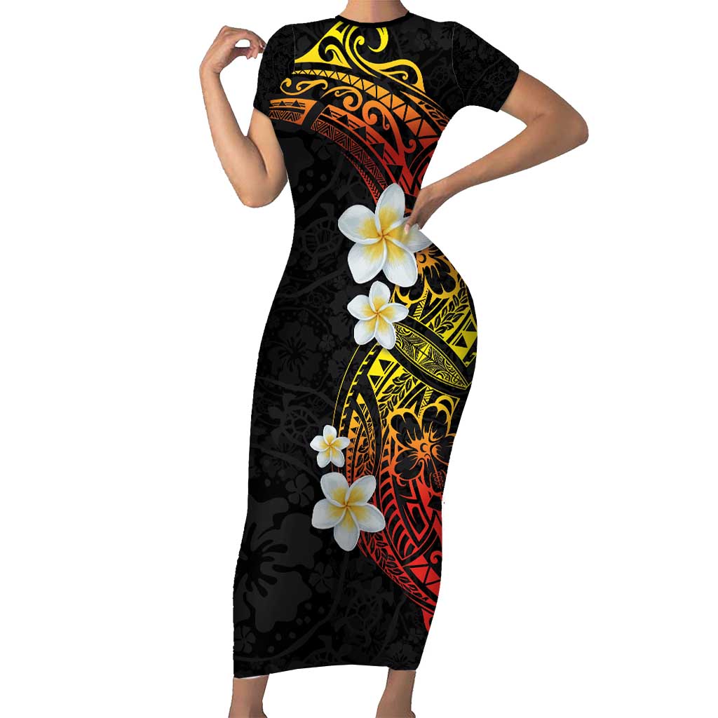 Plumeria Short Sleeve Bodycon Dress Polynesian Tribal Frangipani Sunset