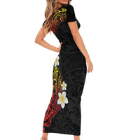 Plumeria Short Sleeve Bodycon Dress Polynesian Tribal Frangipani Sunset