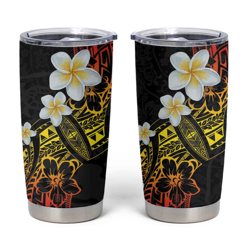 Polynesian Tattoos Frangipani Tumbler Cup Hibiscus Turtles and Tribal Motifs Vintage Floral - Sunset Color