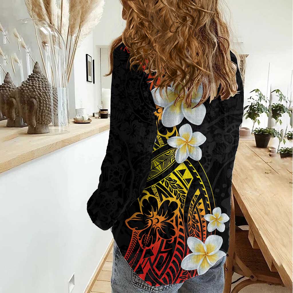Plumeria Women Casual Shirt Polynesian Tribal Frangipani Sunset LT03 - Polynesian Pride