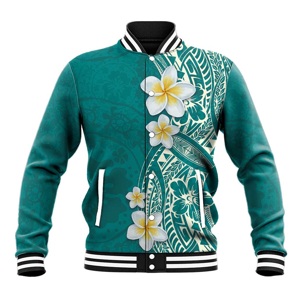 Plumeria Baseball Jacket Polynesian Tribal Frangipani Teal LT03 Unisex Teal - Polynesian Pride