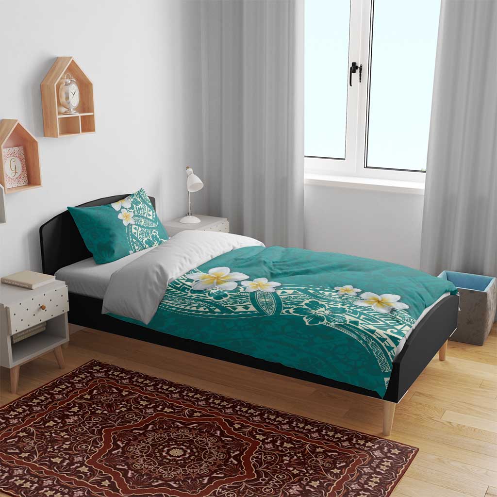 Plumeria Bedding Set Polynesian Tribal Frangipani Teal