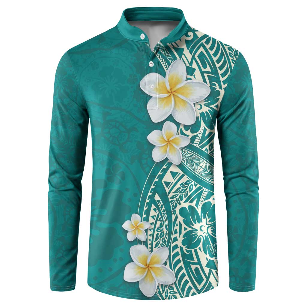 Plumeria Button Sweatshirt Polynesian Tribal Frangipani Teal