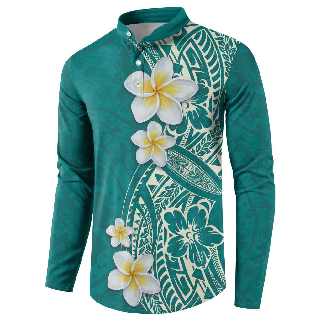 Plumeria Button Sweatshirt Polynesian Tribal Frangipani Teal