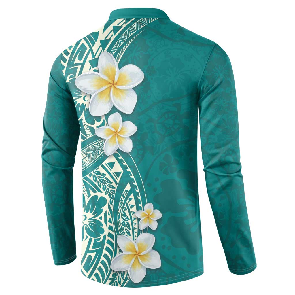 Plumeria Button Sweatshirt Polynesian Tribal Frangipani Teal