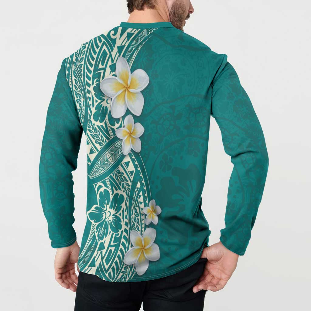 Plumeria Button Sweatshirt Polynesian Tribal Frangipani Teal
