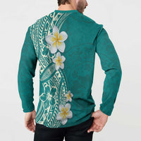 Plumeria Button Sweatshirt Polynesian Tribal Frangipani Teal