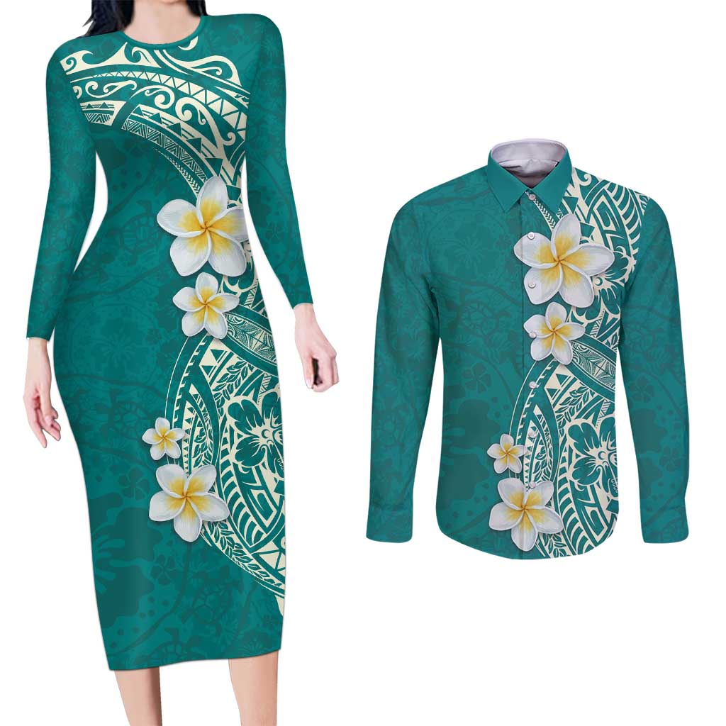 Plumeria Couples Matching Long Sleeve Bodycon Dress and Long Sleeve Button Shirt Polynesian Tribal Frangipani Teal