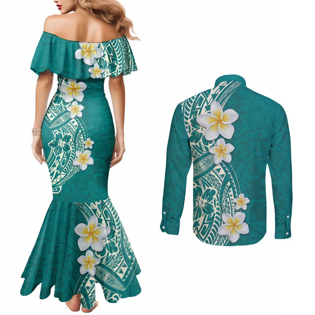 Plumeria Couples Matching Mermaid Dress and Long Sleeve Button Shirt Polynesian Tribal Frangipani Teal