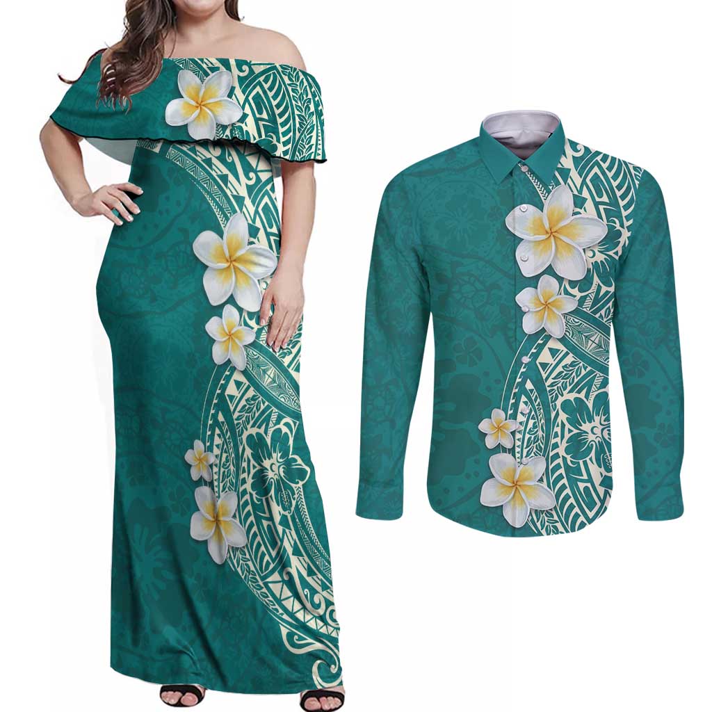 Plumeria Couples Matching Off Shoulder Maxi Dress and Long Sleeve Button Shirt Polynesian Tribal Frangipani Teal