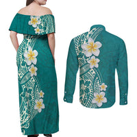 Plumeria Couples Matching Off Shoulder Maxi Dress and Long Sleeve Button Shirt Polynesian Tribal Frangipani Teal