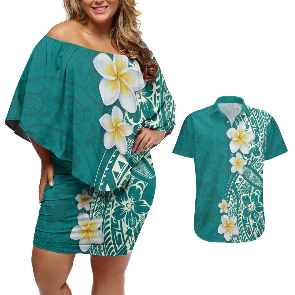 Plumeria Couples Matching Off Shoulder Short Dress and Hawaiian Shirt Polynesian Tribal Frangipani Teal