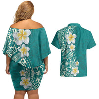 Plumeria Couples Matching Off Shoulder Short Dress and Hawaiian Shirt Polynesian Tribal Frangipani Teal