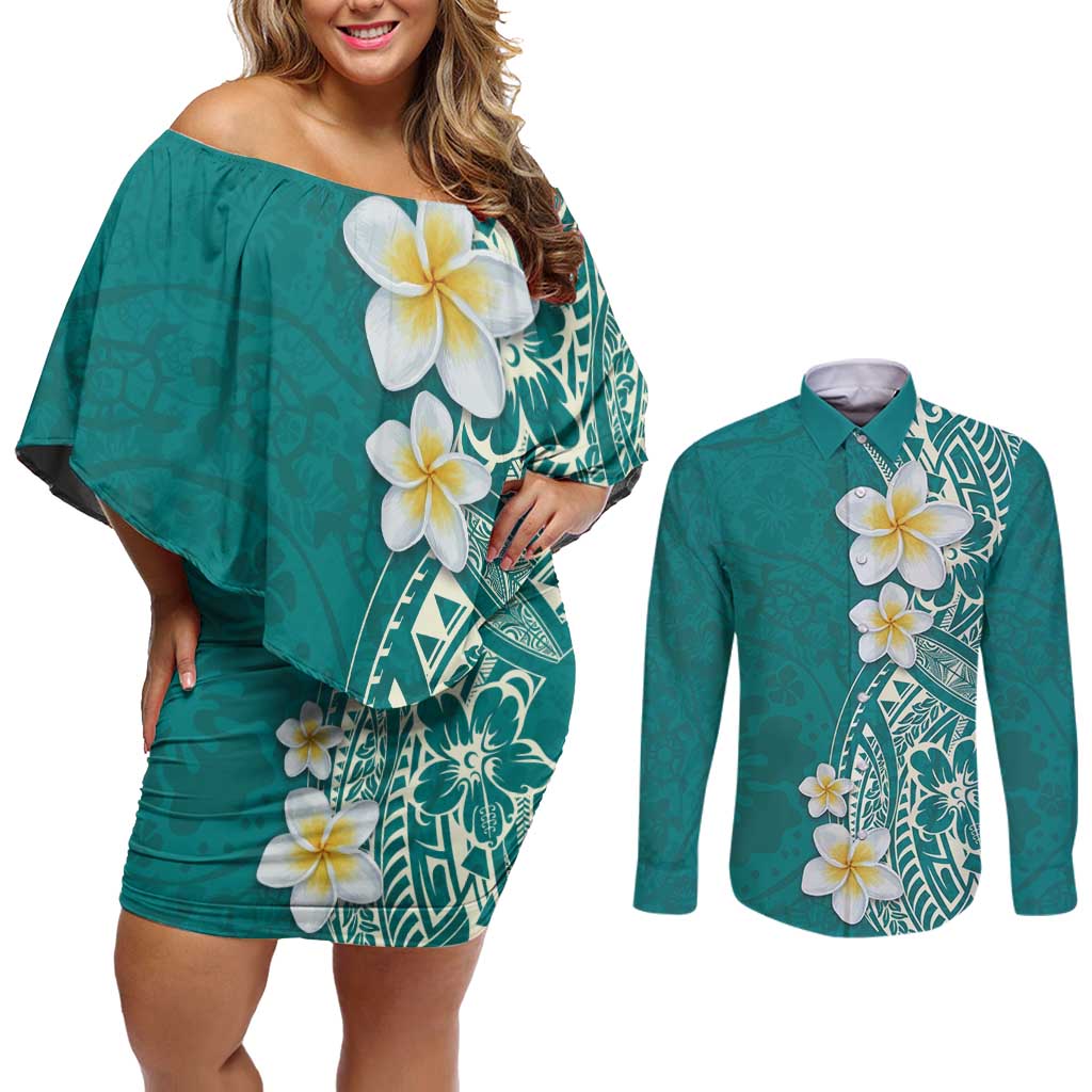 Plumeria Couples Matching Off Shoulder Short Dress and Long Sleeve Button Shirt Polynesian Tribal Frangipani Teal