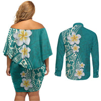 Plumeria Couples Matching Off Shoulder Short Dress and Long Sleeve Button Shirt Polynesian Tribal Frangipani Teal