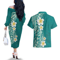 Plumeria Couples Matching Off The Shoulder Long Sleeve Dress and Hawaiian Shirt Polynesian Tribal Frangipani Teal