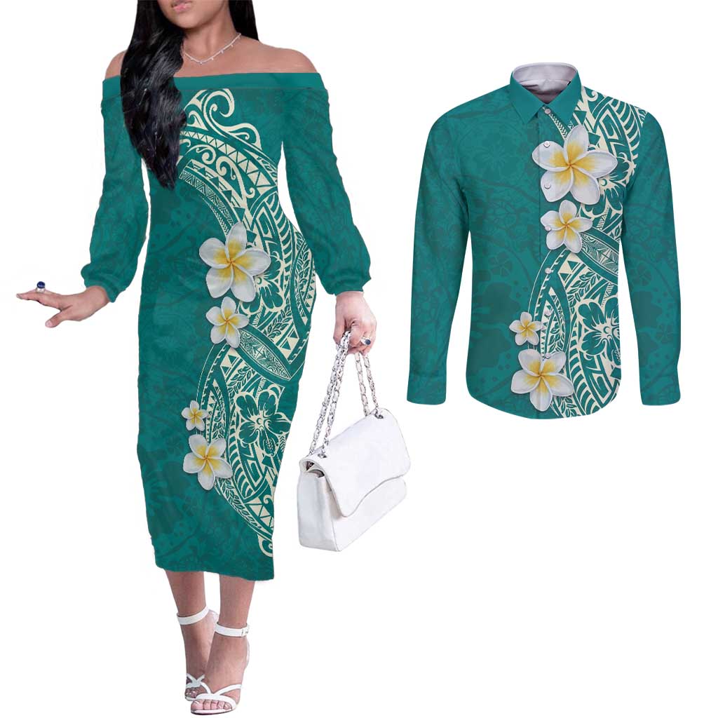 Plumeria Couples Matching Off The Shoulder Long Sleeve Dress and Long Sleeve Button Shirt Polynesian Tribal Frangipani Teal