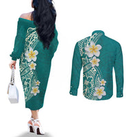 Plumeria Couples Matching Off The Shoulder Long Sleeve Dress and Long Sleeve Button Shirt Polynesian Tribal Frangipani Teal