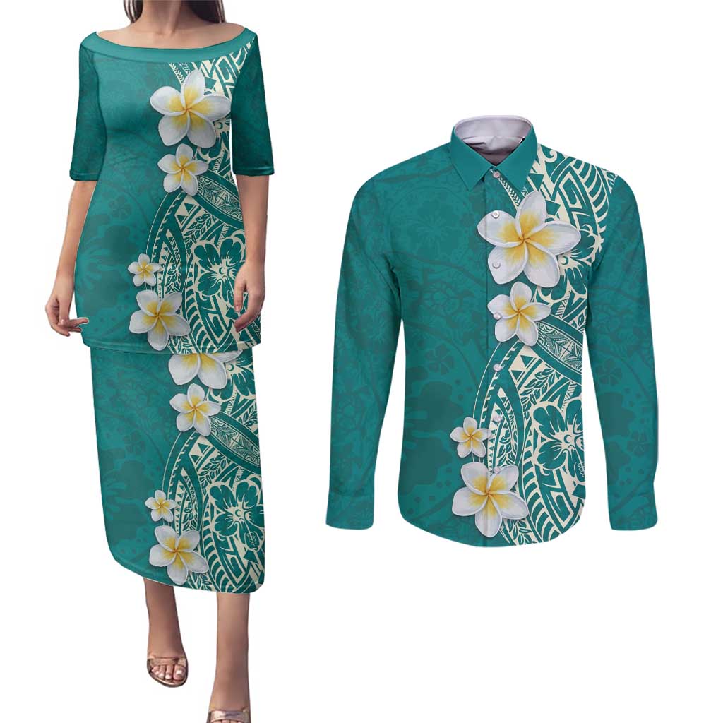 Plumeria Couples Matching Puletasi and Long Sleeve Button Shirt Polynesian Tribal Frangipani Teal