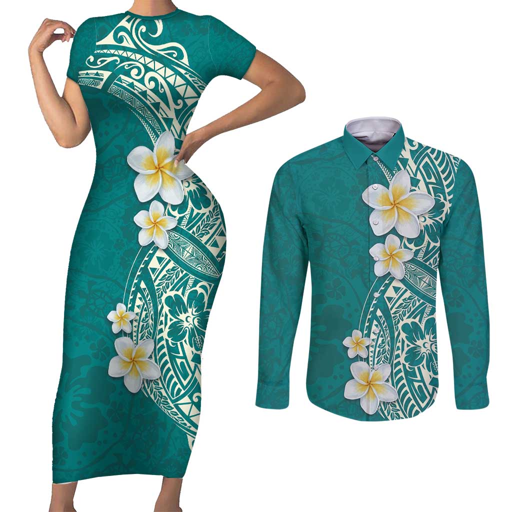 Plumeria Couples Matching Short Sleeve Bodycon Dress and Long Sleeve Button Shirt Polynesian Tribal Frangipani Teal