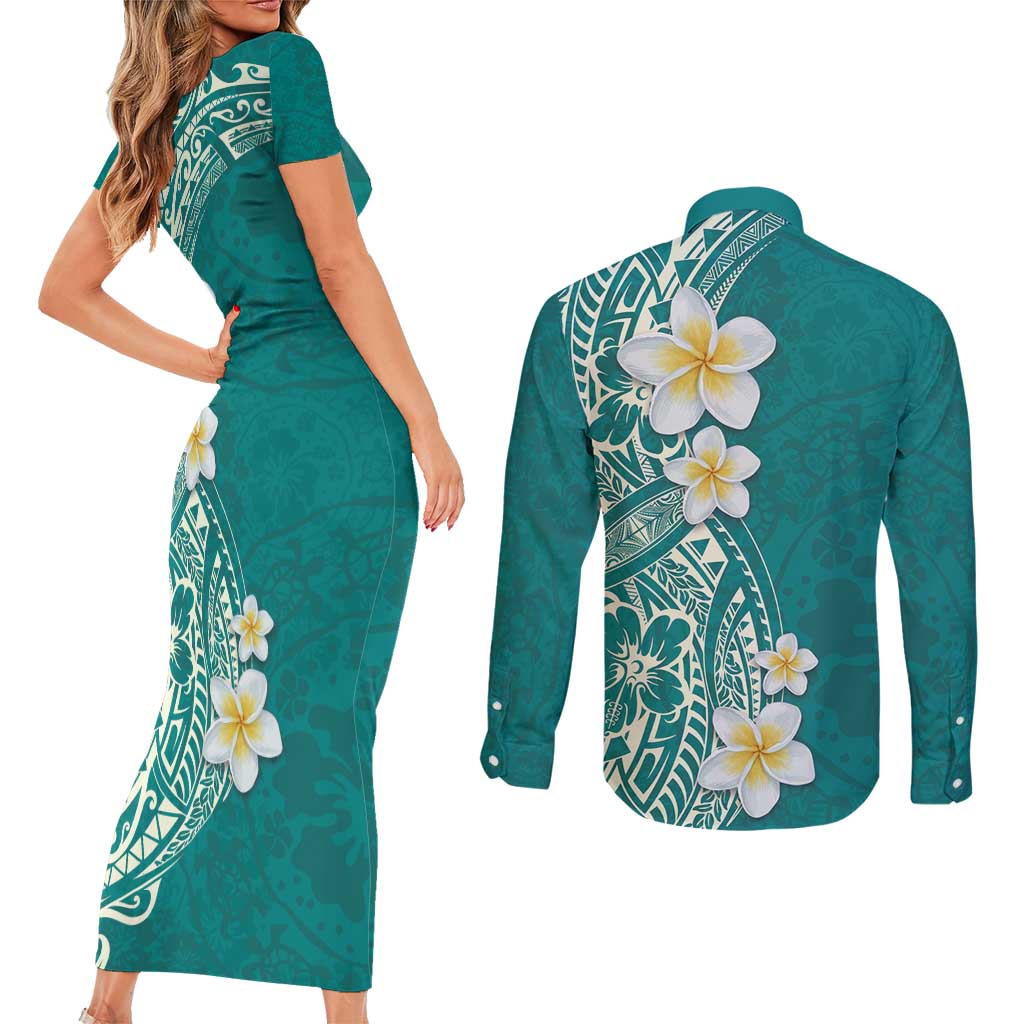 Plumeria Couples Matching Short Sleeve Bodycon Dress and Long Sleeve Button Shirt Polynesian Tribal Frangipani Teal