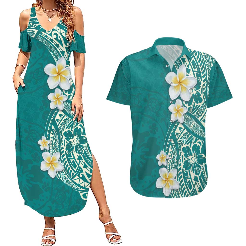 Plumeria Couples Matching Summer Maxi Dress and Hawaiian Shirt Polynesian Tribal Frangipani Teal