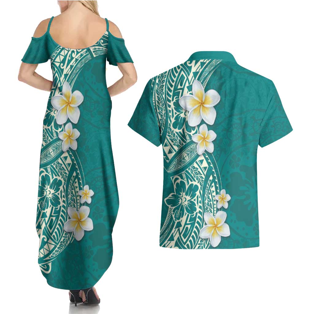 Plumeria Couples Matching Summer Maxi Dress and Hawaiian Shirt Polynesian Tribal Frangipani Teal