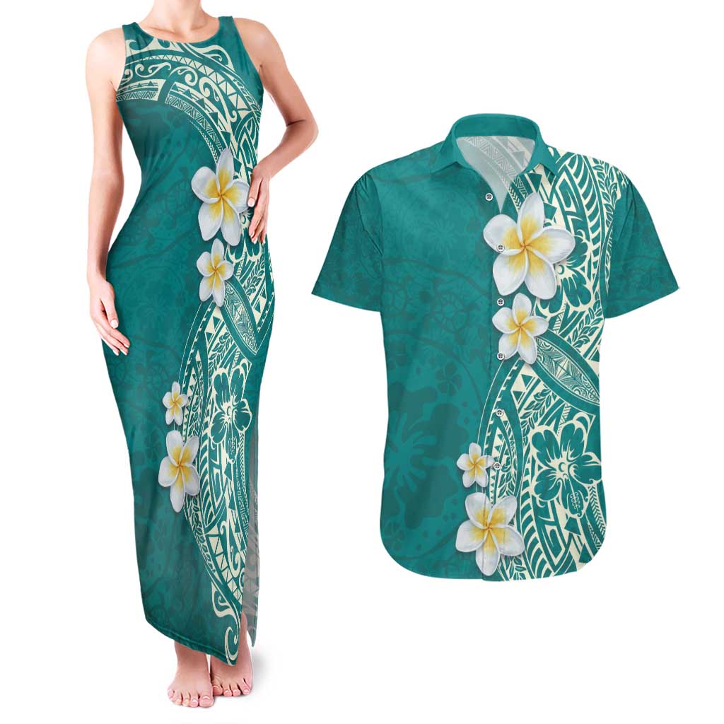 Plumeria Couples Matching Tank Maxi Dress and Hawaiian Shirt Polynesian Tribal Frangipani Teal