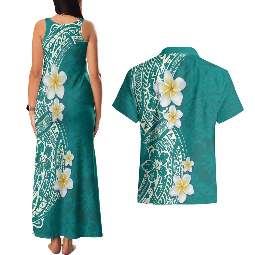 Plumeria Couples Matching Tank Maxi Dress and Hawaiian Shirt Polynesian Tribal Frangipani Teal