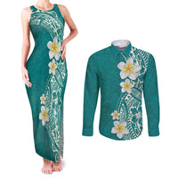 Plumeria Couples Matching Tank Maxi Dress and Long Sleeve Button Shirt Polynesian Tribal Frangipani Teal