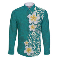 Plumeria Family Matching Long Sleeve Bodycon Dress and Hawaiian Shirt Polynesian Tribal Frangipani Teal LT03 Dad's Shirt - Long Sleeve Teal - Polynesian Pride