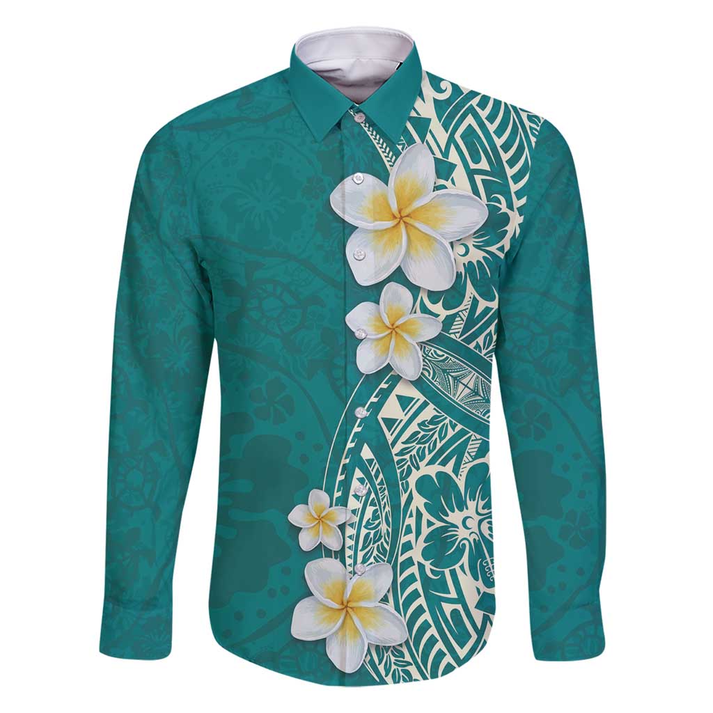 Plumeria Family Matching Mermaid Dress and Hawaiian Shirt Polynesian Tribal Frangipani Teal LT03 Dad's Shirt - Long Sleeve Teal - Polynesian Pride