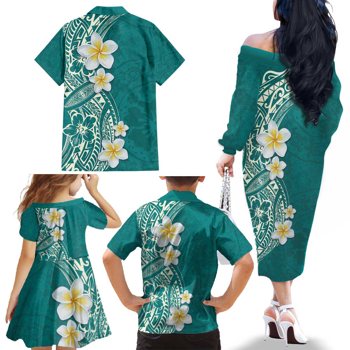 Plumeria Family Matching Off The Shoulder Long Sleeve Dress and Hawaiian Shirt Polynesian Tribal Frangipani Teal