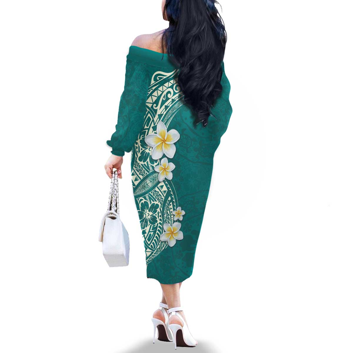 Plumeria Family Matching Off The Shoulder Long Sleeve Dress and Hawaiian Shirt Polynesian Tribal Frangipani Teal