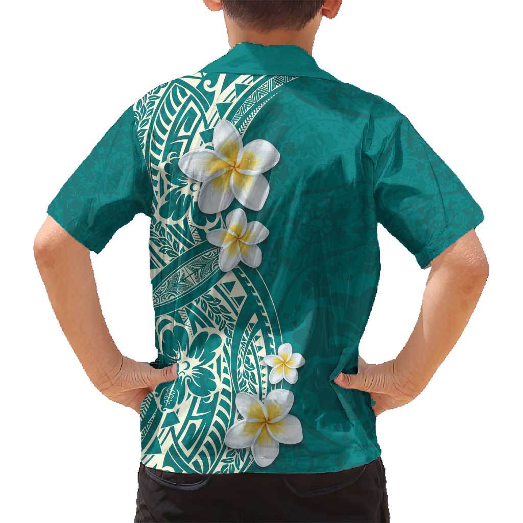 Plumeria Family Matching Off Shoulder Short Dress and Hawaiian Shirt Polynesian Tribal Frangipani Teal LT03 - Polynesian Pride