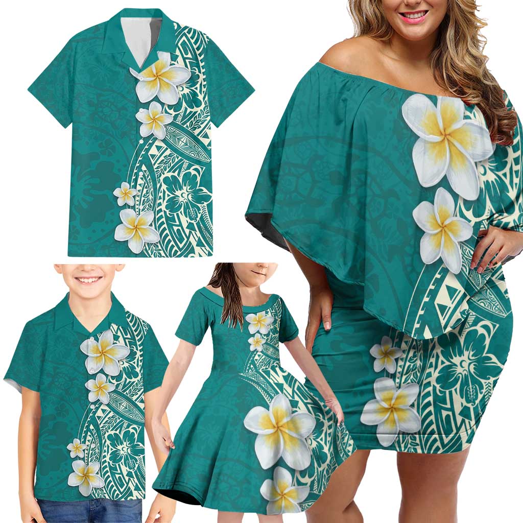 Plumeria Family Matching Off Shoulder Short Dress and Hawaiian Shirt Polynesian Tribal Frangipani Teal LT03 - Polynesian Pride