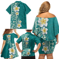 Plumeria Family Matching Off Shoulder Short Dress and Hawaiian Shirt Polynesian Tribal Frangipani Teal LT03 - Polynesian Pride