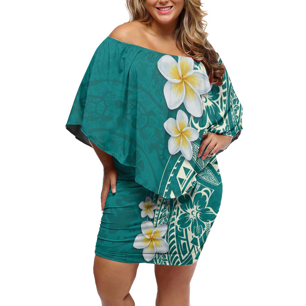 Plumeria Family Matching Off Shoulder Short Dress and Hawaiian Shirt Polynesian Tribal Frangipani Teal LT03 Mom's Dress Teal - Polynesian Pride