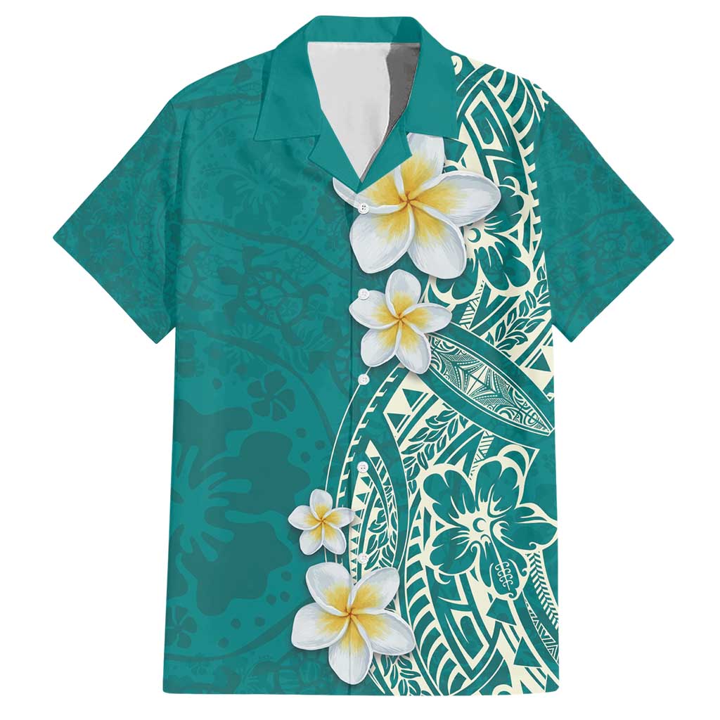 Plumeria Family Matching Short Sleeve Bodycon Dress and Hawaiian Shirt Polynesian Tribal Frangipani Teal LT03 Dad's Shirt - Short Sleeve Teal - Polynesian Pride