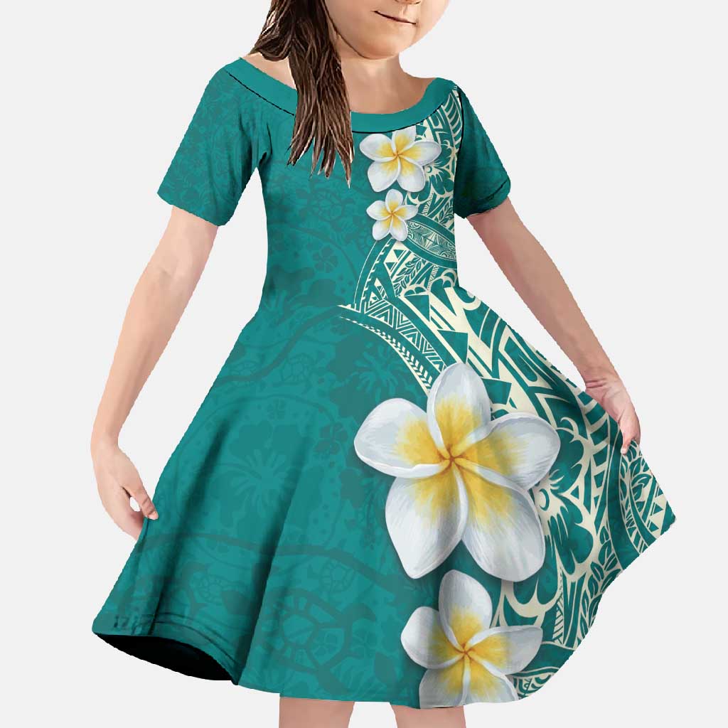 Plumeria Family Matching Tank Maxi Dress and Hawaiian Shirt Polynesian Tribal Frangipani Teal LT03 Daughter's Dress Teal - Polynesian Pride